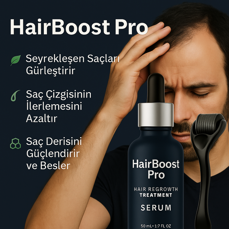 HairBoost Pro® – 3 Haftada Fark Yaratan Saç Güçlendirme Serumu + Dermaroller Seti